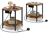 IRONCK Rund Nachttisch 2er Set, Beistelltisch mit Steckdose, USB-C-Anschluss, Kleiner Tisch Holz & Metall, Sofatisch Wohnzimmertisch Couchtisch 2 Ablage für Schlafzimmer (Vintagebraun, 2 Stücke)