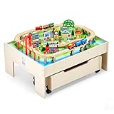VEVOR Holz Aktivitätstisch, 100-teilig, Eisenbahntisch mit rollender Schublade, 3-in-1-Holzeisenbahn-Set zum Spielen, Malen, Lesen, Essen, kreatives Spielzeug-Set für Kinder ab 3 Jahren