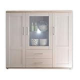 Stella Trading Highboard in Sibiu Lärche / Eiche San Remo Optik - Landhausstil Wohnzimmerschrank mit viel Stauraum und LED-Beleuchtung - 156 x 137 x 46 cm (B/H/T)