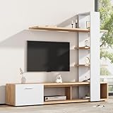 Merax Wohnwand Wohnzimmer, Wohnzimmer Möbel Set, 1x TV Lowboard, Dreischichtiges Wandregal, Wohnzimmermöbel Komplett, Elegante Schrankwand, Mediawand, Viel Stauraum, für 60 Zoll TVs, Weiß & Holzfarbe
