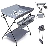 Wickeltisch Klappbar, Mobile Wickeltisch mit Wickelauflage, Sicherheitsgurt und Ablagefächern, Tragbar Wickeltische & -Kommoden für Baby Alter ist Weniger Als 12 Monate, bis 25kg, Grau