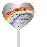 Herz Edelstahl Grabdekoration Grabstein Grabdekoration Wetterfest Grabschmuck Wetterfest Grabschmuck mit Gravur Am Ende des Regenbogens Sehen Wir Uns Wieder Grab Deko Wetterfest Grabstecker, 28cm