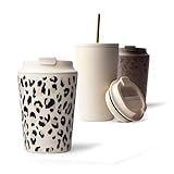 MAMEIDO Thermobecher mit Strohhalm 470 ml, Trinkbecher mit Deckel und Strohhalm aus Edelstahl doppelwandig isoliert, auslaufsicher, Coffee to go Becher (Ivory Trace)