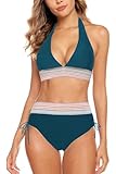 Aidotop Damen Bikini Set Bademode Bauchkontrolle Hohe Taille Bikini Sets Hohe Taille V Ausschnitt Verstellbar Zweiteiliger Badeanzug Swimsuit（3Dark Blue，M）
