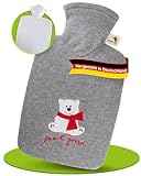 Hugo Frosch Wärmflasche Klassik 1,8l – Made in Germany – mit weichem Fleecebezug Eisbär 'feel good' Grau – große, auslaufsichere Bettflasche – mit waschbarem Bezug