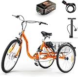 SuperHandy Erwachsenen-Dreirad E-Bike, 3 Modi, Adaptiver Drehmoment-Pedalassistenz, 250W 48V Lithium-Batterien*2, 150kg Kapazität, LED-Scheinwerfer, Luftpumpe+Schloss Inklusive