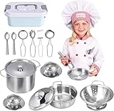 17 Stück Kinderküche Zubehör, Küchenspielzeug für Kinder, Edelstahl Küchenspielzeug Spielküche Zubehör Pfannen aus rostfreiem Stahl Küche, Küchenutensilien Kinder, für Jungen und Mädchen