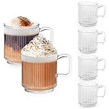 Winter Shore 350 ml Kaffeetassen Glas mit Vertikalen Streifen (6er-Pack) - Durchsichtige Gläser mit Henkel für Kaffee, Cappuccino, Latte, Tee - Für Heiße & Kalte Getränke, Mikrowelle & Spülmaschine