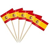 AhfuLife 100 Stück Spanien Zahnstocher Flaggen, Spanische Deko Fahne Klein Mini Zahnstocher für 2024 EM Euro Eurovision Song Contest Olympische Cupcake Topper Toothpick Cocktail Partydeko Pub Deko