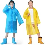 Regenponcho Kinder, 2 Stück Wiederverwendbar Transparent Regenmantel Atmungsaktiv Wasserdicht Regenmantel für Reisen Wandern Radfahren & Camping(Blau Gelb)