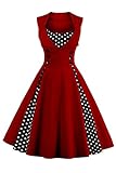 Axoe Damen 50er Jahre Cocktailkleid Rockabilly Elegantes Faltenrock Festliches Partykleider Vintage Kleid Audrey Hepburn Abendkleider mit Polka Dots Knielang, Weinrot, 5XL (52 EU)