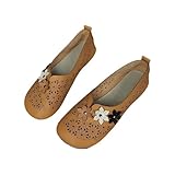Outdoor Schuhe Damen Freizeit Strandschuhe Aushöhlen Blumenmuster Freizeitschuhe Mode Runde Zehe Lederschuhe Leicht Bequem Einzelne Schuhe Mary Jane Halbschuhe Flache Kleidschuhe Bohemian Sandalen