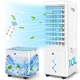 Klimaanlage Mobile Klimagerät Luftkühler mit Wasserkühlung Klimaanlage Ohne Abluftschlauch 65W Ventilator Verdunstungskühler 10L Wassertank 12h Timer 3 Modi Oszillierend Mit Fernbedienung 2 Kühlakku