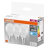 OSRAM LED BASE Classic P40, matte Filament LED-Lampen aus Glas für E14 Sockel,Klassische Miniballform, Kaltweiß (4000K), 470 Lumen, Ersatz für herkömmliche 40W-Glühbirnen, 3 Stück (1er Pack)