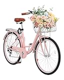 VEVOR Cruiser Fahrrad mit 7 Gängen (Reifendurchmesser 660,4 mm) Beach Fahrrad mit großem Korb & Gepäckträger, Cruiser-Fahrrad mit verstellbarem Sitz, für Radfahren Trainieren & Einkaufen Rosa