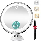 Auxmir Kosmetikspiegel mit Beleuchtung, 10X Vergrößerung Schminkspiegel mit Beleuchtung und Stark Saugnapf, 3 Farben Modi, 8 Zoll Dimmbar Vergrößerungsspiegel mit Licht, 360° Schwenkbar Rasierspiegel