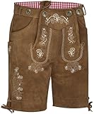 KOSMEEU Lederhose Herren Tracht Kurz Trachtenhose Trachtenlederhosen Lederhose Oktoberfest Mann Braun bayrische Trachten Hose Trachtenmode Hosenträger mit Kunst-Wildleder 50