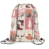 Loussiesd Rustikales Western Cowboy Turnbeutel 30x40cm Hufeisen Bull Horse Sportbeutel für Vintage Bauernhaus Rosa Gymsack Sportsack geometrisches Gitter Rucksack mit Kordelzug