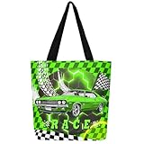 Grüne Neon Lichter Honeycomb Casual Wiederverwendbare Handtasche Rennauto Cool Sport Auto Bienenstock Geometrische Hexagon Faltbare Strand Tasche, Schwarz Weiß Gitter Gitter Leinwand Tote Bag