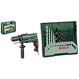 Bosch Schlagbohrmaschine EasyImpact 600 (600 Watt, im Koffer) & 15tlg. Mini-X-Line Spiralbohrer Mixed-Set (Holz, Stein und Metall, Zubehör Bohrmaschine)