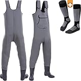 wasserdichte, Atmungsaktive Neopren Wathose Mit Gummi Stiefel – Perfekt Als Fischerhose/Watthose/Watthosen Für Herren +Plus: 1X Thermo-Socken