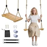 Lischwert Holzschaukel, Tragkraft bis 150 kg, höhenverstellbar, wasserdicht, für drinnen und draußen, Garten, Spielplatz (Wood)