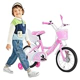 16 Zoll Fahrrad für Mädchen von 5 bis 9 Jahren, Fahrrad für Mädchen und Jungen, Stahl mit hohem Kohlenstoffgehalt, Hilfsräder + Korb, niedliche Aufkleber-Motive Rosa