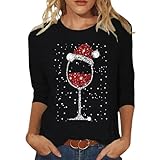 Damen-T-Shirt, lässig, modisch, Rotweinglas-Druck, Rundhalsausschnitt, Dreiviertelärmel, T-Shirt, Top, Urlaub, festlich, weich, gemütlich, 01#_schwarz, XXL