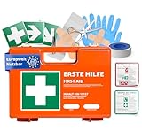 Erste Hilfe Kasten - DIN 13157 Koffer für Unternehmen & Betriebe - Verbandskasten orange nach aktueller Norm geprüft - Mit Aufkleber & Wandhalterung
