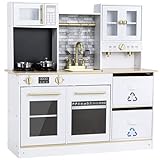 MAMIZO Kinderküche Holz, Spielküche mit Licht und Sound, Puppenküche Holz für Kinder, 90x30x90 cm kinderküchen, mit Küchenzubehör und 2PCS Aufbewahrungsboxen, Weiße, Spielzeug für Kinder ab 3 Jahren