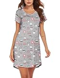 MAXMODA Damen Nachthemd Baumwolle Kurzarm Nachtwäsche Negligees Schlafhemd T-Shirt Sleepshirt grau Kaffee S