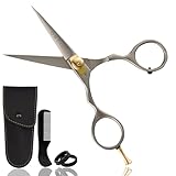 ONTAKI Premium handgeschmiedete Schnurrbartschere Friseursalon japanische Schere Stahl Bart Schnurrbart Haarschere Pony Haarschnitte Bartschere für Männer Haarschneideschere 14 cm Rest Haken Silber