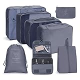 OSDUE Koffer Organizer Set 8-teilig, Packing Cubes, Wasserdichte Reise Kleidertaschen, Packtaschen für koffer, Kofferorganizer Reisetasche mit Kosmetiktasche, Schuhbeutel, USB Kabel Tasche (Asche)