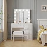 LSBIKE Weißer Hochglanz Schminktisch 4 Schubladen mit Spiegel und Hocker Schminktisch mit LED Licht Schlafzimmer Eitelkeit Schreibtisch Set Ideal für Mädchen und Frauen Schlafzimmer Möbel