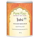 Tulsi Pulver Bio (Vegan Ayurvedisch) – Heiliger Basilikum - Königsbasilikum - Ocimum Tulasi - Indisches Basilikum ohne Zusatzstoffe - Abgefüllt & Kontrolliert in Deutschland | PureRaw 40g