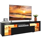 WLIVE TV Schrank mit LED, Lowboard für Fernseher bis zu 70 Zoll, Fernsehtisch für Wohnzimmer, mit Offenen Stauraum und 2 Schubladen, Schwarz