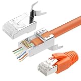 AXFEE RJ45 Stecker Cat7, 10 Stück Netzwerkstecker, Lan Stecker für Verlegekabel, mit Knickschutz Orange & Einführhilfe, Unterstützung 1.35 mm-1.45mm, RJ45 Kupplung, Ethernet Kabel für CAT 7