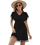 Onfettic Damen Strandkleid Sommer Badeanzug Strandtunika Chiffon Strandponcho Sommerkleider Bikini Cover mit V-Ausschnitt (Schwarz, M)