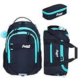 Elephant 3 Teile Set Schulrucksack Jungen Mädchen Signature Hero 2 Schultasche Laptopfach Rucksack + Sporttasche + Mäppchen Box (Tiff Türkis 13015 (Schwarz Türkis))