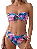 GORGLITTER Sexy Bandeau Bikini Set Damen Trägerloser Bikini Mit Blumen Zweiteiler Badeanzug High Waist Bikinis Tanga Bademode Swimsuit Blau M