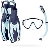 CRESSI Unisex-Youth Set-Blue Navy/Ice Cyan S/M Schnorchelset, Rocks Flossen, Tinetto Maske und Schnorchel Iguana Dry, Marineblau/Eisblau, Einheitsgröße
