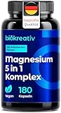 Biōkreativ Magnesium Komplex Hochdosiert 180 Kapseln - Magnesium Bisglycinat mit 4 Hochwertige Formen: Oxid, Citrat, Malat, L-Ascorbat - 400mg pro Tagesdosis - Laborgeprüft - Vegan