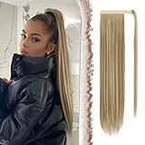 FESHFEN Lang Glattes Pferdeschwanz Haarteil Synthetik Haarverlängerung Zopf Haar Extension für Damen Mädchen, Hellbraun & Blond 60 cm