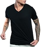 Leif Nelson Herren T-Shirt mit V-Ausschnitt, Slim Fit Basic Shirt aus Baumwolle, Kurzarm Männer Oberteil für Alltag & Freizeit, schwarz M