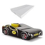 KOBI | BATCAR Kinderbett | Superheld | Für das Kinderzimmer | Autobett für Jungen | Set mit Matratze und Gestell (160x80)