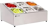 Beeketal 'BGN6-Duo' Edelstahl GN Aufsatzboard für 6 Gastronorm Behälter (zweireihig), Gastro Zutatenbehälter inkl. 6 Stück (GN) 1/6 Behälter mit Deckel, abgeschrägtes Gestell mit Anti-Rutsch Füßen