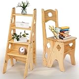 bimiti Tritthocker Klappbar, Lernturm Klappbar, Klappstuhl Holz bis 180 kg, Multifunktionale Blumenständer und 4 Stufen Klappbare Treppe Stuhl Haus für Küche, Wohnzimmer, Bibliothek