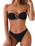 Fanuerg Trägerloses Bandeau-Bikini-Set für Damen, Ring-Raffhalter, Zweiteiliger Badeanzug, hoher Schnitt, freche Badeanzüge, Schwarz, Medium