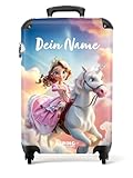 NoBoringSuitcases.com Kinderkoffer, Koffer Personalisiert, Kinderkoffer Mädchen, Reisekoffer Mit Rollen, Kindertrolley, Koffer Mädchen, Handgepäck Koffer 55x40x20 cm (Prinzessin, Einhorn - Rosa-Weiß)