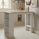 buybyroom Bartisch mit Stauraum Bartisch Küche, Stehtisch Bartheke für Bar Küche Wohnzimmer Esszimmer, 112×57×106cm, Weiß + Helle Eiche